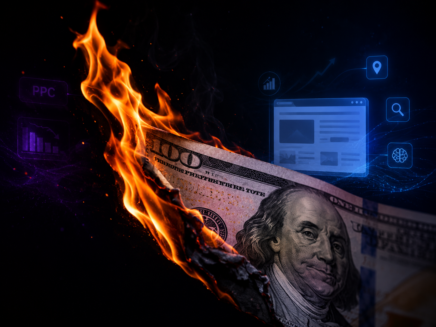 A burning one hundred dollar bill representing wasted PPC and paid ad spend before building an organic SEO and website conversion foundation