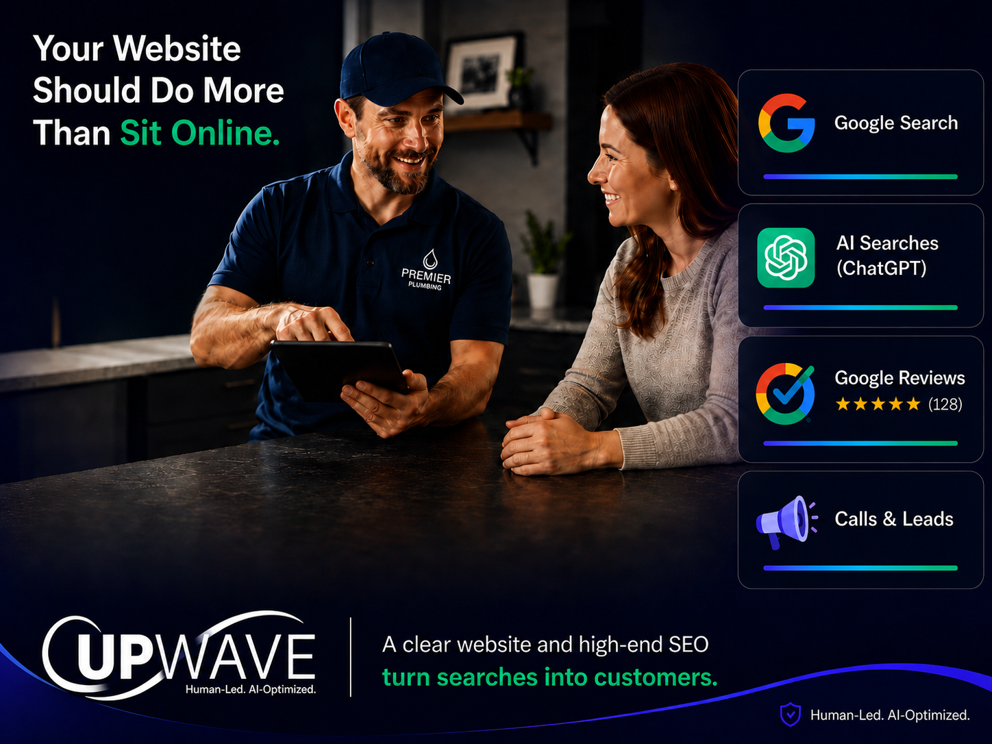 UpWave Consulting overview showing Google Search, AI Search, Google Reviews, calls, leads, and website visibility for small businesses