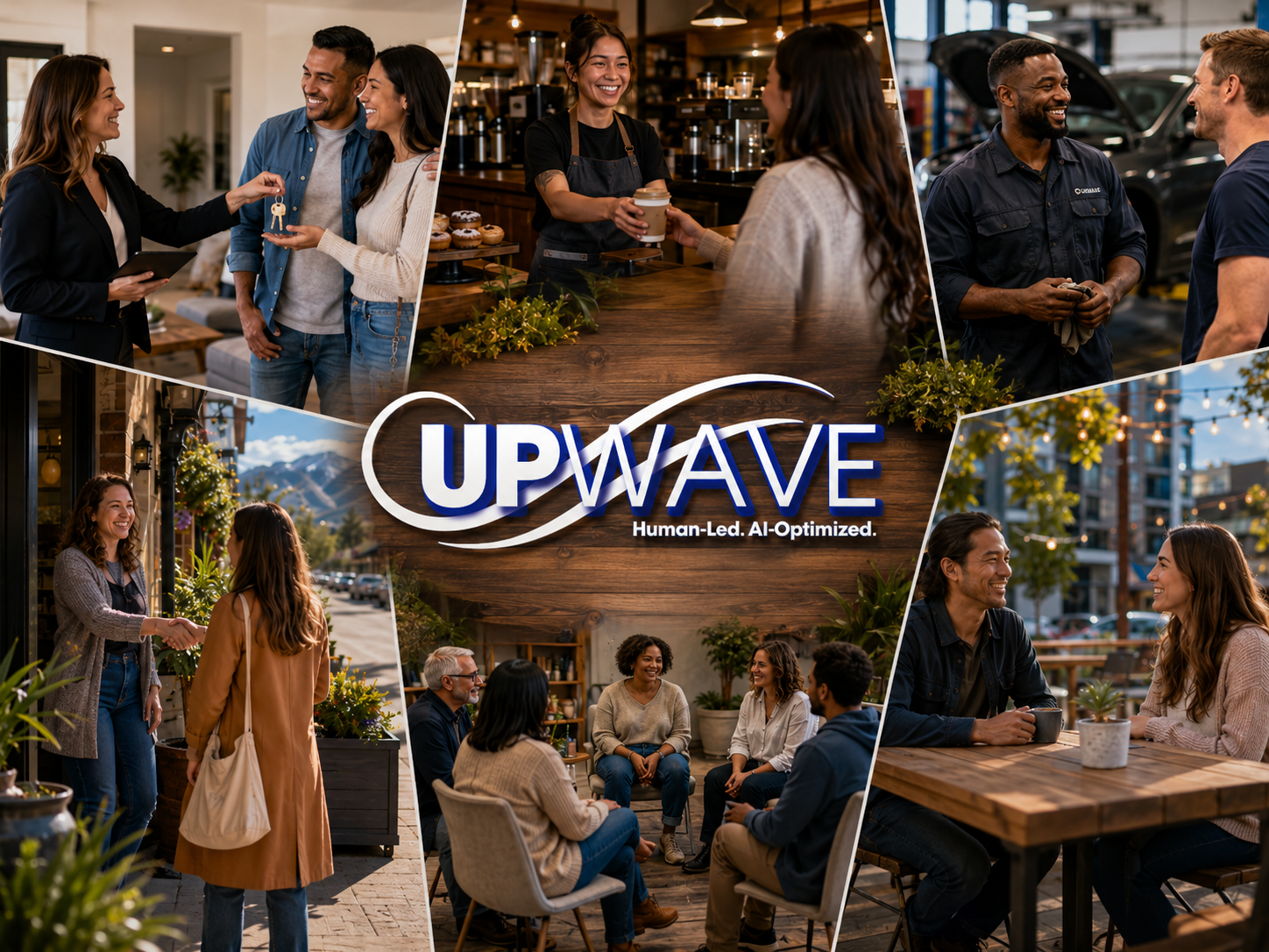 UpWave Consulting community connection collage showing local businesses, clients, and human connection