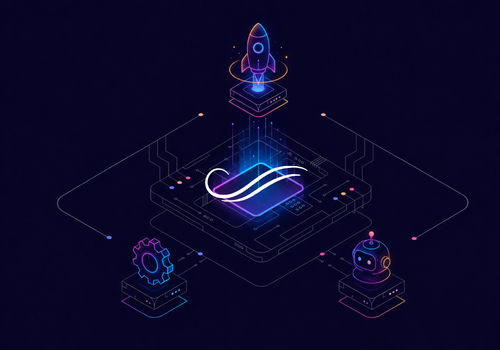 Website technology system with rocket, automation cog and AI assistant